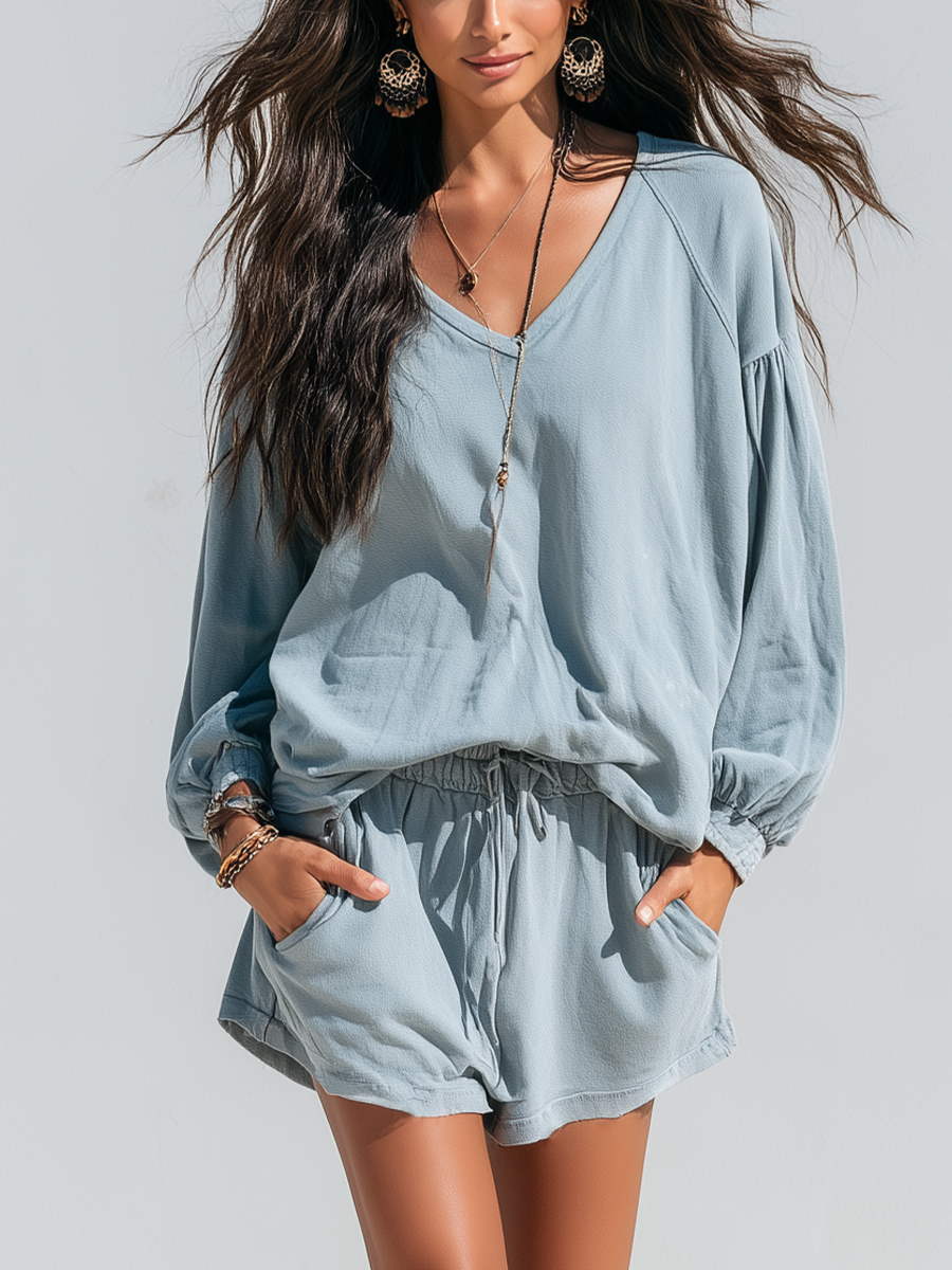 Relaxed Light Blue Button Detail Belted Shirt & Shorts Set