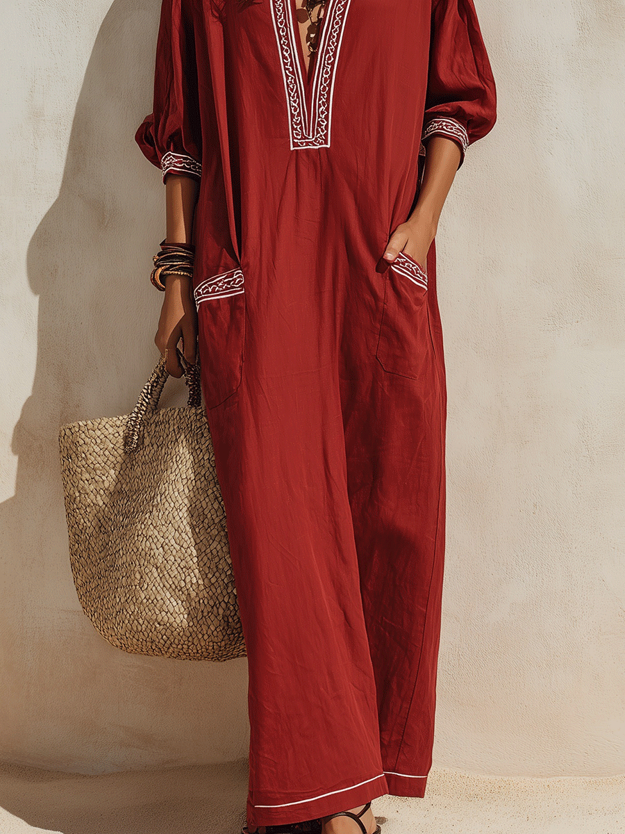 Ethnic Resort Linen Contrast-Trim Pocket Loose Brick Red Peasant Maxi Dress