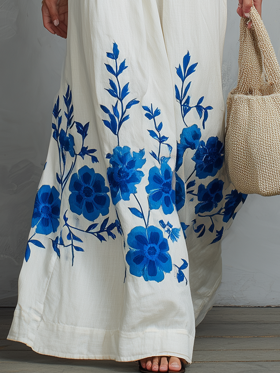 Elegant Blue Floral Print Maxi Dress