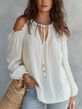 Relaxed Ivory Tie-Neck Peasant Blouse