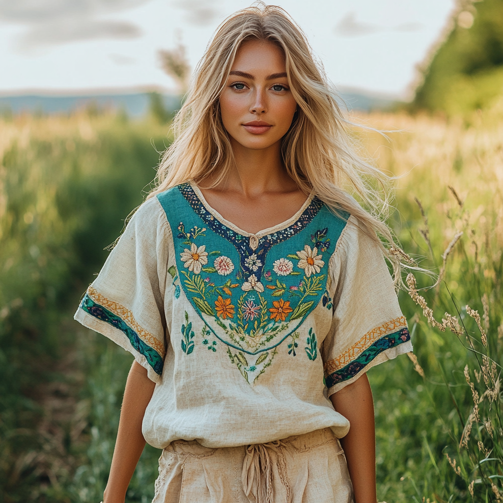 Women's Vintage Bohemian Floral Gradient Cotton And Linen T-shirt