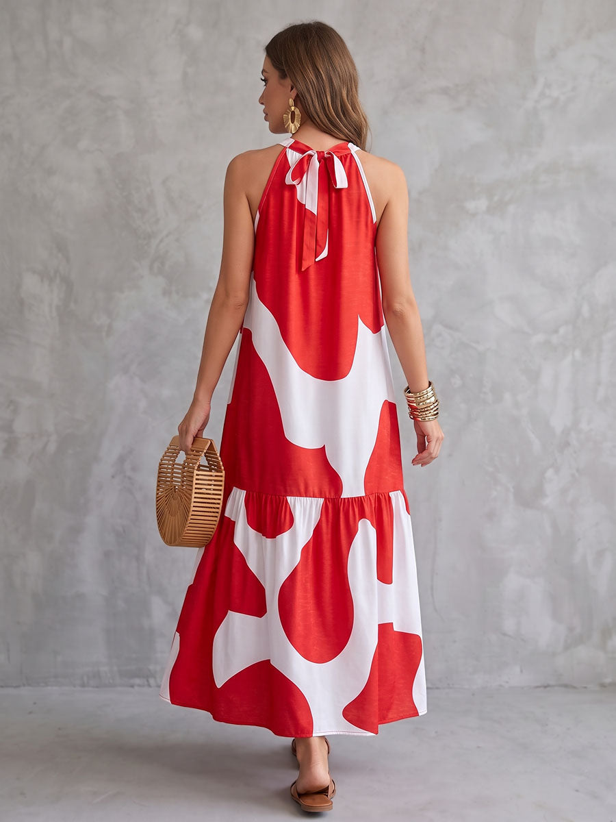 Tiered Split-Joint Printed Elasticity Contrast Color Sleeveless Loose Round-neck Maxi Dresses