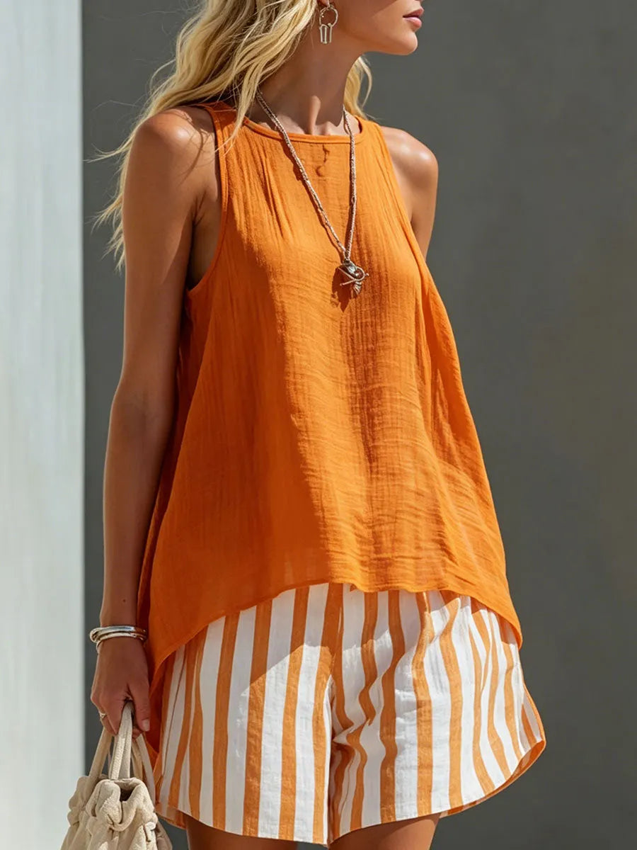 Women's Orange Cotton-linen Vest And Striped Shorts Set