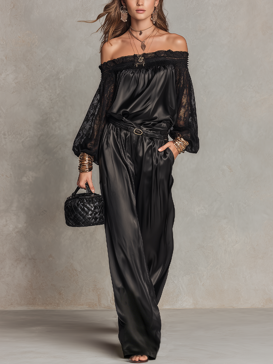 Bohemian Black Lace Off-Shoulder Suit