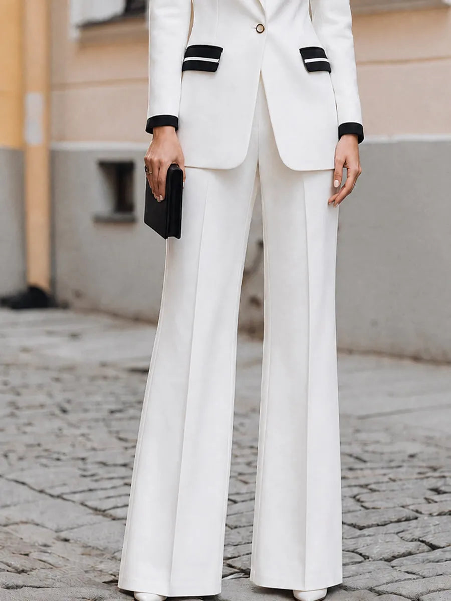 Black Contrast Trim Blazer & Wide Leg Trousers Two-Piece Formal Suit Set