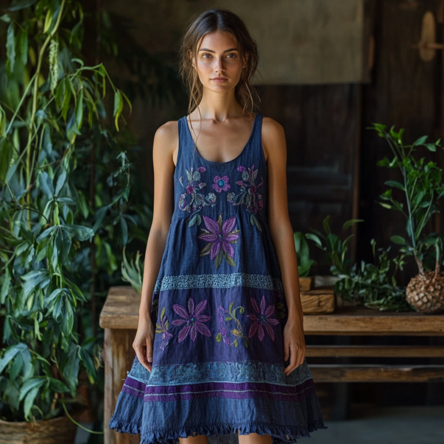 Vintage Bohemian Floral Embroidery Linen Mini Dress