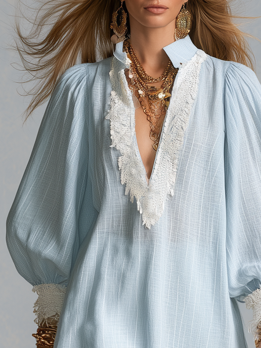 Bohemian Blue Lace-trimmed Shirt