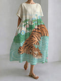 Lotus Pond Tiger Print Round Neck Casual Dress