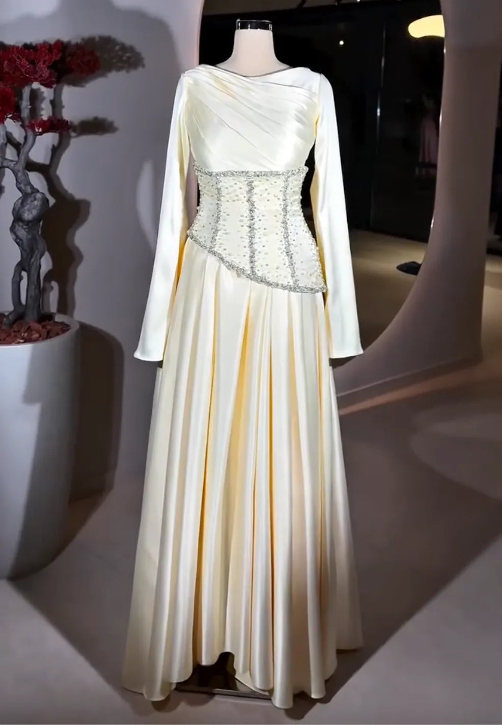 Cream Satin Maxi Dress with Beaded Corset Waist & Lace-Up Back