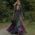 Vintage Classy Gradient Purple Peacock And Floral Embroidered V Neck Maxi Dress