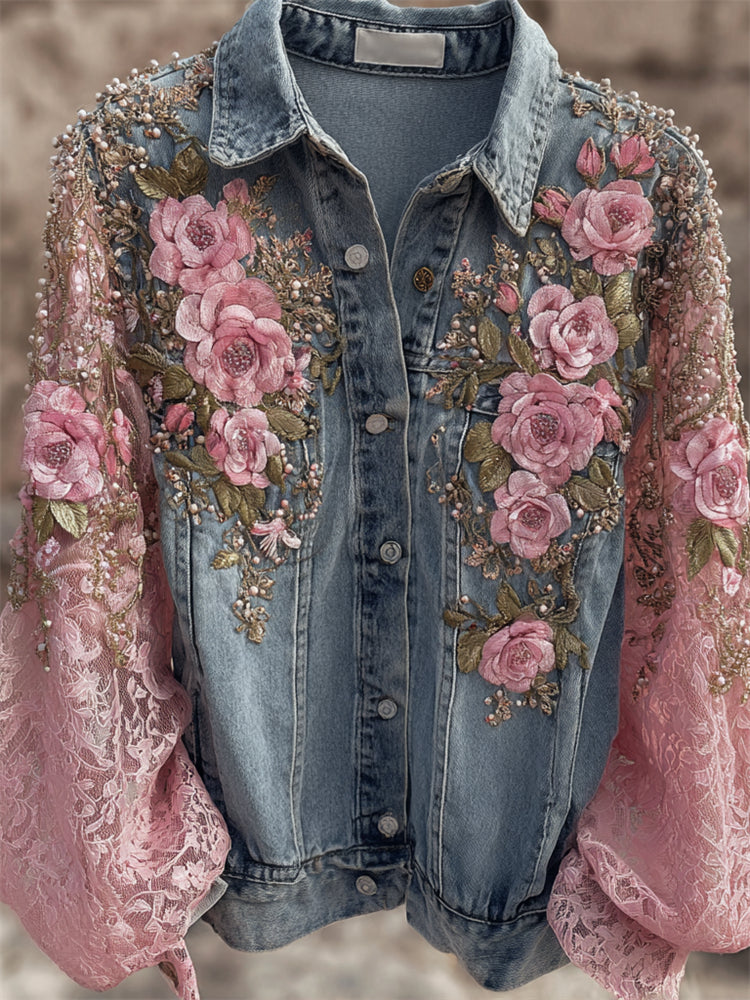 Vintage Pink Flowers Glitter Embroidered Denim Jacket