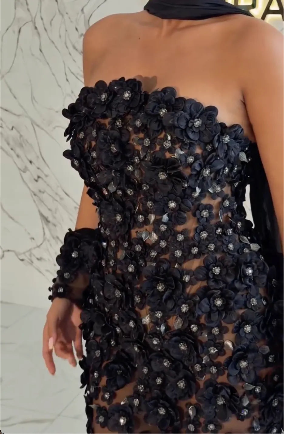 Strapless 3D Floral Rhinestone Sheer Mermaid Evening Gown, Black Choker Cape & Cuffs Formal Bodycon Maxi Dress