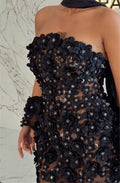 Strapless 3D Floral Rhinestone Sheer Mermaid Evening Gown, Black Choker Cape & Cuffs Formal Bodycon Maxi Dress