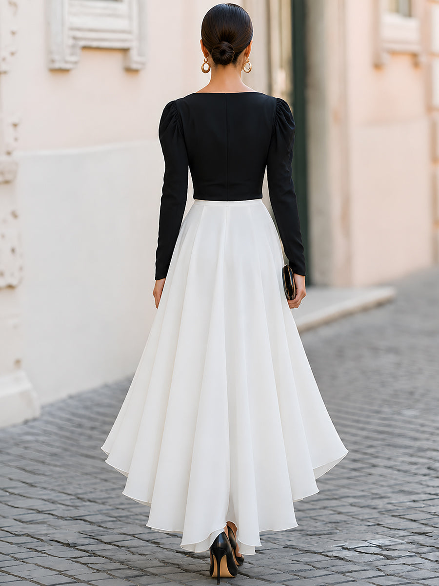 Draped Neck Puff Sleeve High-Low Maxi Dress