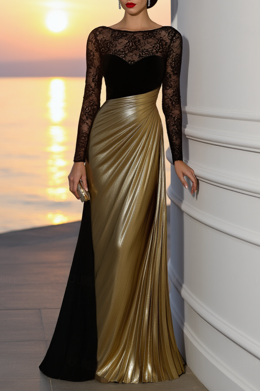 Formal Evening Dress Gold Crew Neck Lace Maxi Long Sleeve Dress