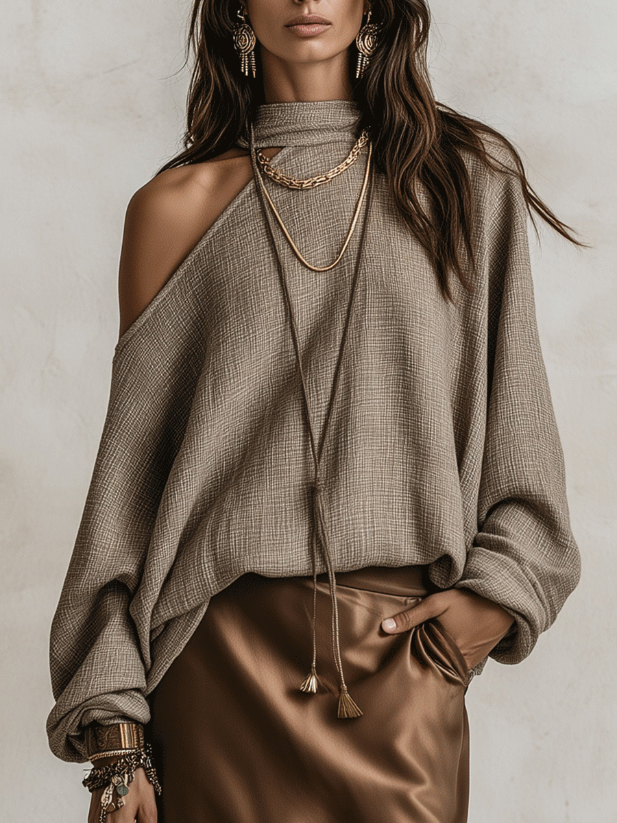 Effortless Chic Taupe Knit Sweater & Brown Satin Maxi Skirt Set