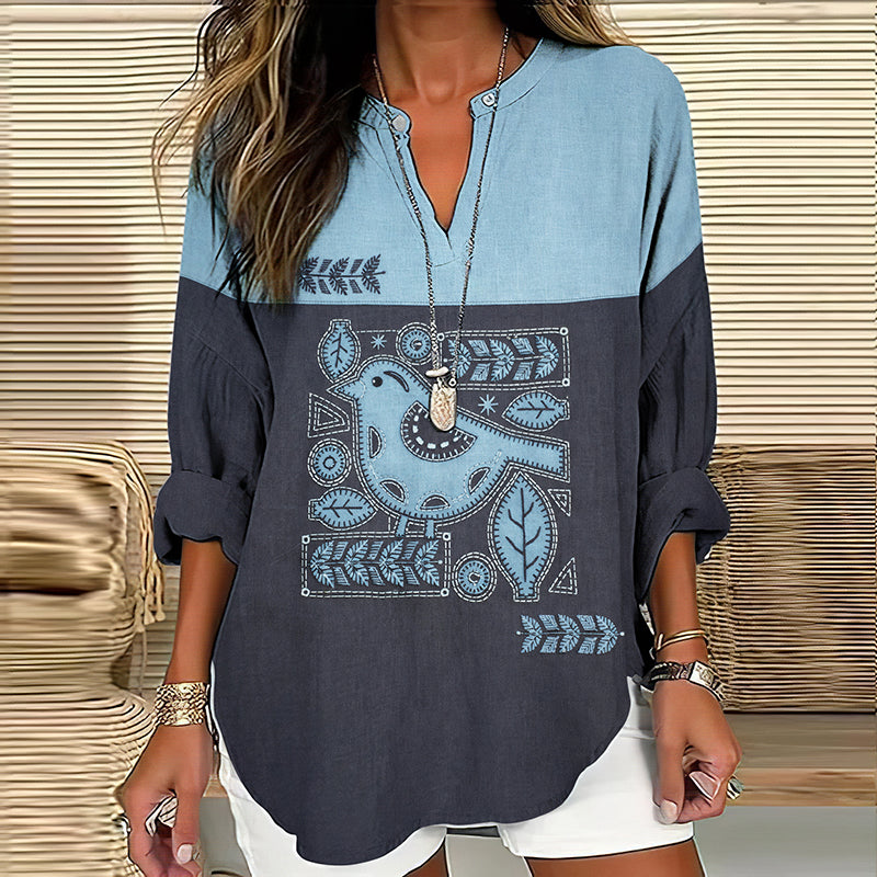 Women's Vintage Floral Bird Art Linen Long-sleeved Shirt