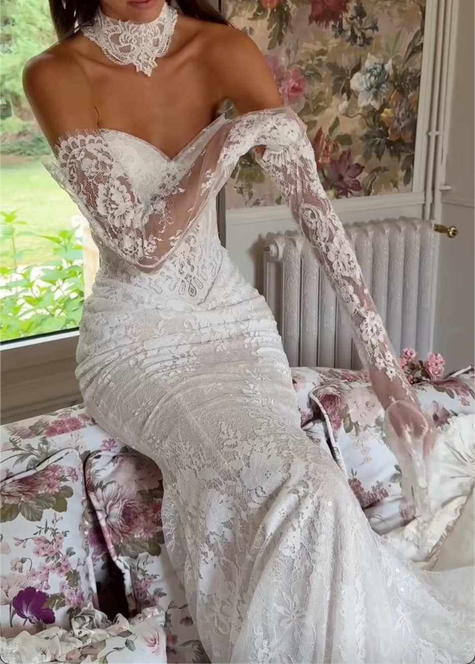 Sweetheart Off Shoulder Lace Mermaid Wedding Dress Detachable Long Lace Sleeves Vintage Bridal Gown