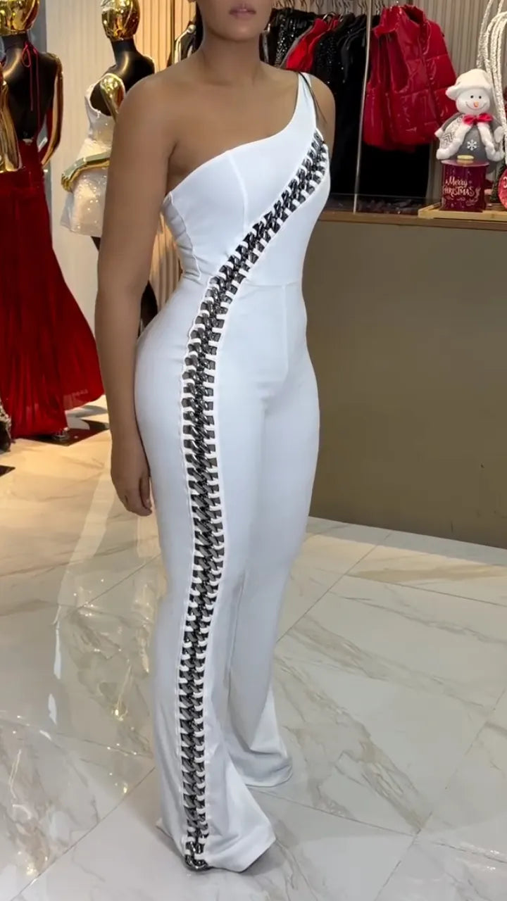 Chain Detail High Waist Flare Leg Jumpsuit