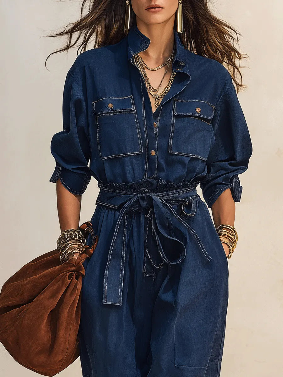 Relaxed Soft Denim Utility Set: Indigo Button-Front Shirt And Cropped Pants