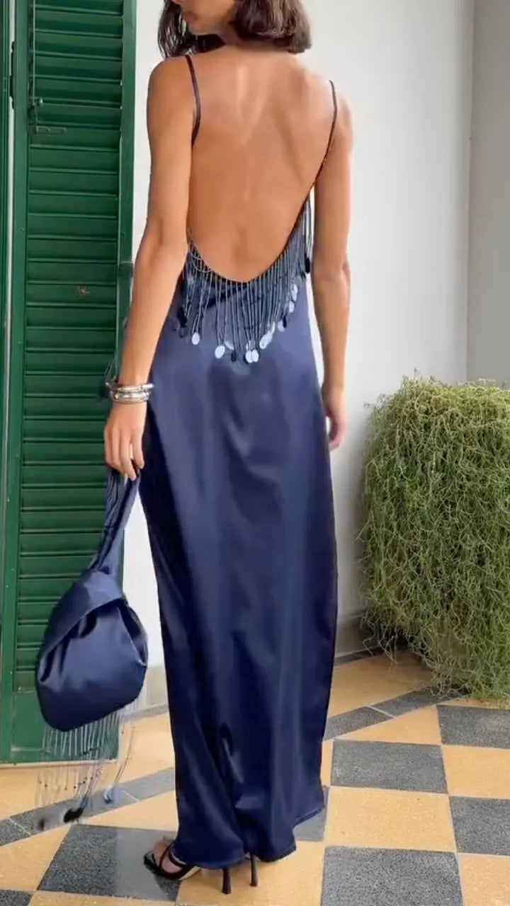 Navy Blue Satin Tassel Cami Maxi Dress