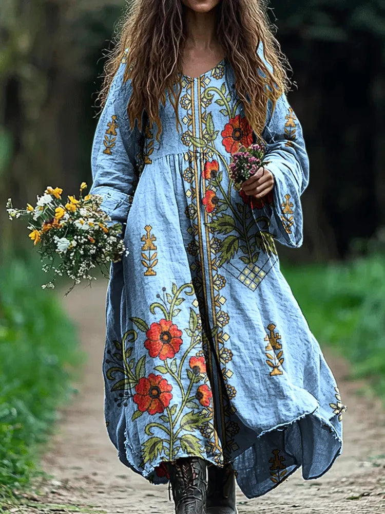 Vintage Ethnic Floral Linen Long Sleeve Dress