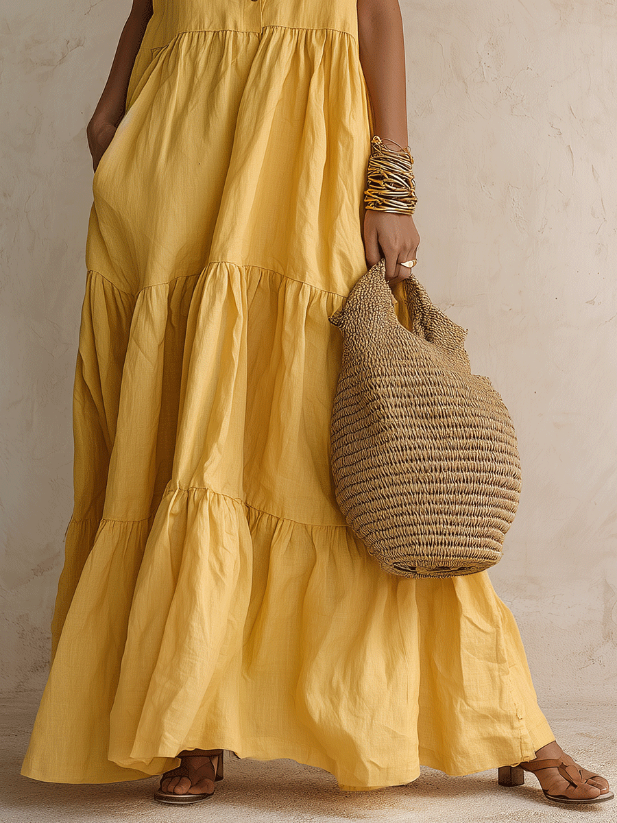 Effortless Resort Linen Collared Button-Front Tiered Ginger Maxi Dress