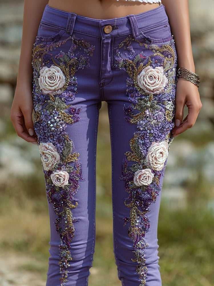 Vintage White Roses Embroidered Purple Skinny Jeans