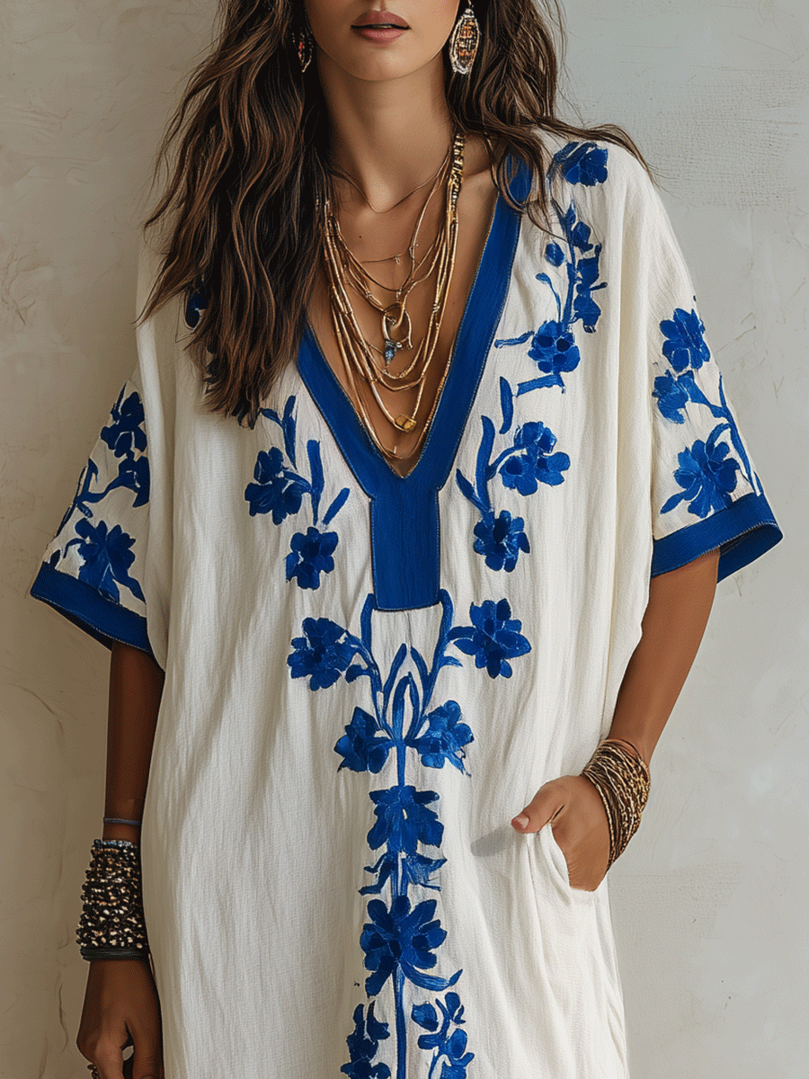 Effortless Boho Cotton Contrast-Trim Loose Off-White Embroidered Kaftan Maxi Dress