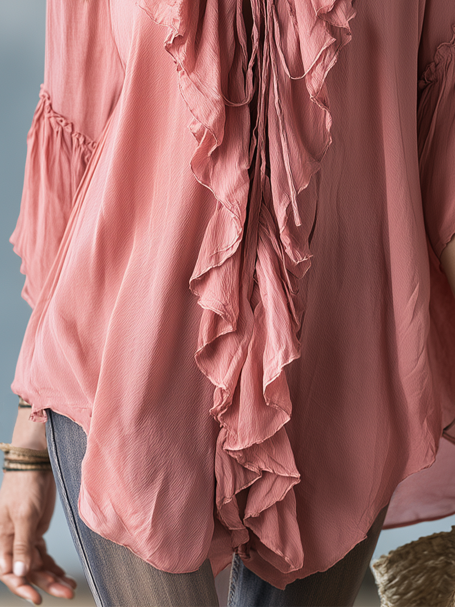 Romantic Dusty Pink Ruffle V-Neck Bohemian Blouse Top