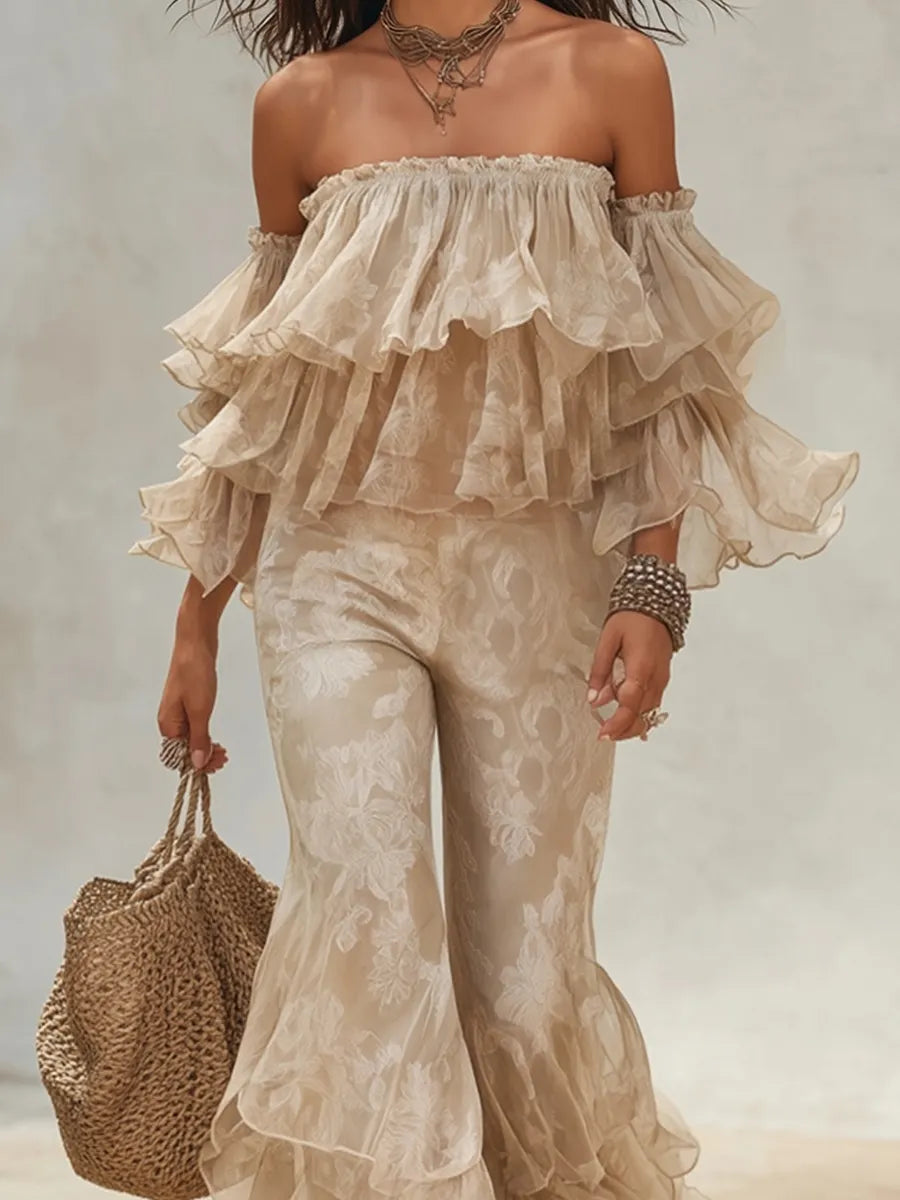 Romantic Bohemian Nude Ruffled Off-Shoulder Top Set