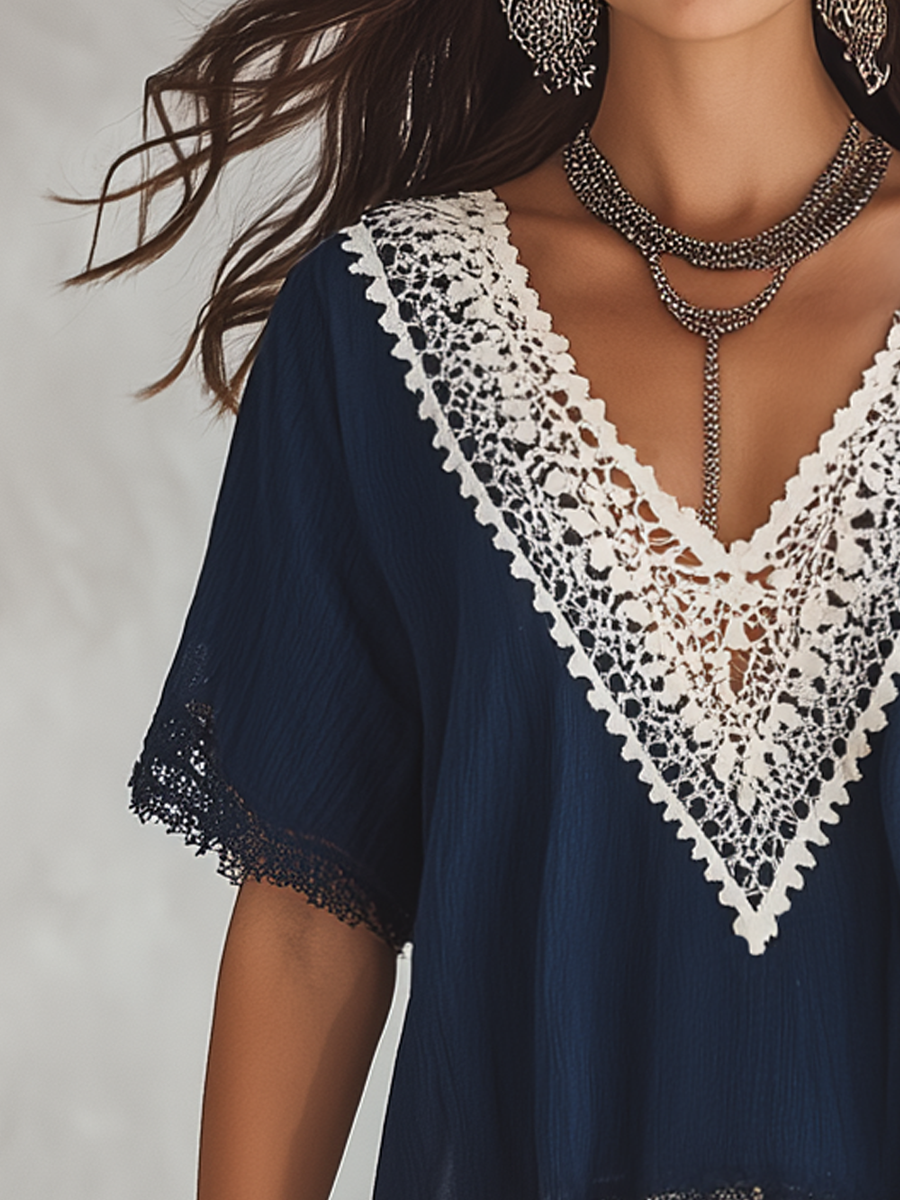 Refined Navy Lace V-Neck Blouse