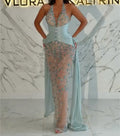 Halter Deep V Ruched Waist Crystal Sheer Mermaid Evening Gown, Ice Blue Side Drape Train Formal Party Maxi Dress