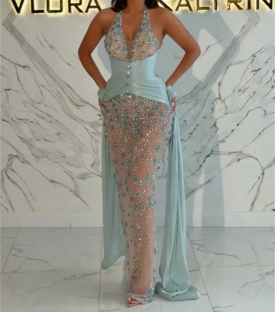 Halter Deep V Ruched Waist Crystal Sheer Mermaid Evening Gown, Ice Blue Side Drape Train Formal Party Maxi Dress