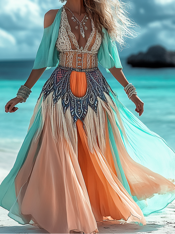Summer vacation fashion elegant contrast color dress 2540