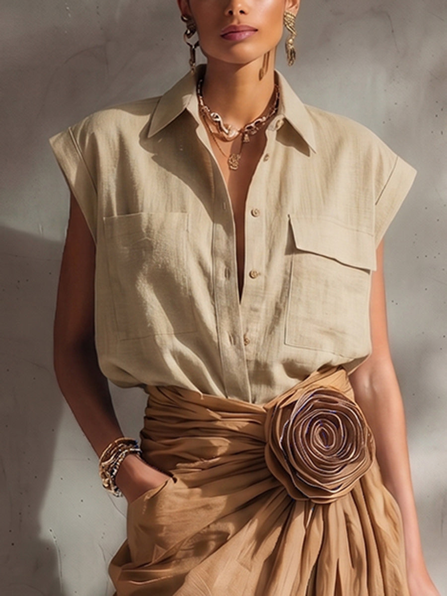 Elegant & Minimalist Polo Collar Cotton-linen Shirt