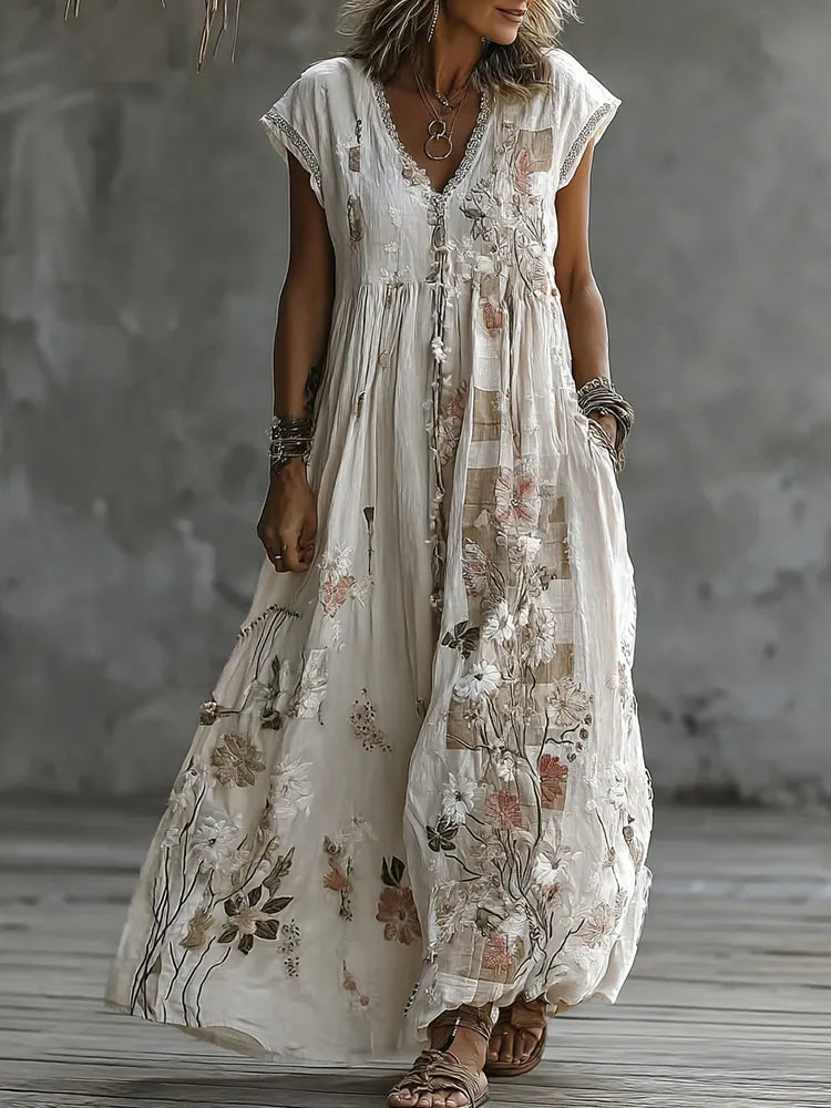 Women's Vintage Floral Embroidery Art And Patchwork V Neck Maxi Dress