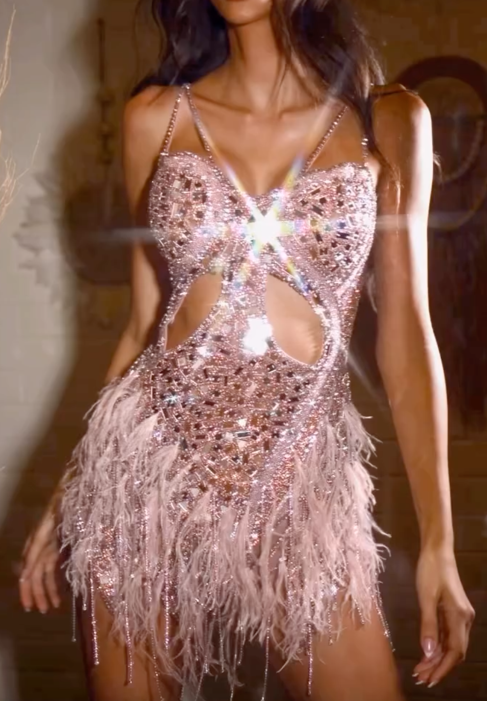 Blush Spaghetti Strap Cutout Beaded Feather Mini Dress with Crystal Embellishments