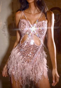 Blush Spaghetti Strap Cutout Beaded Feather Mini Dress with Crystal Embellishments