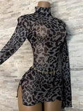 leopard Mesh Long Sleeves High-Neck Sexy Mini Dresses