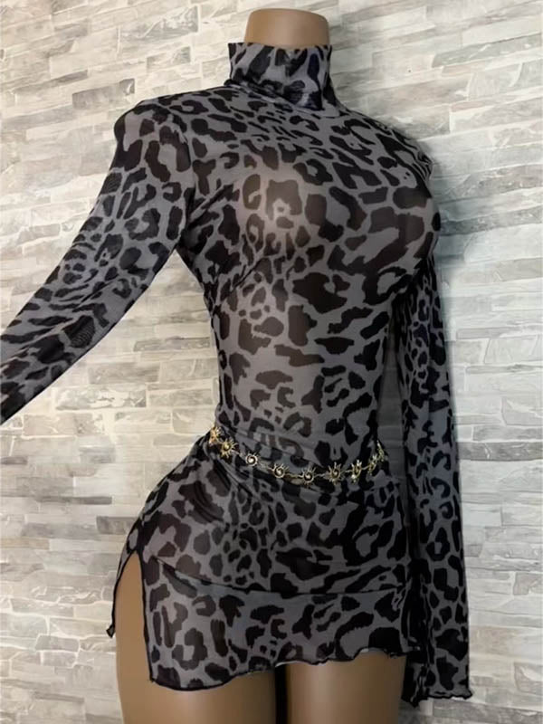 leopard Mesh Long Sleeves High-Neck Sexy Mini Dresses