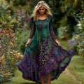 Women's Vintage Floral Embroidery Gradient Pattern Round Neck Long Sleeve Dress