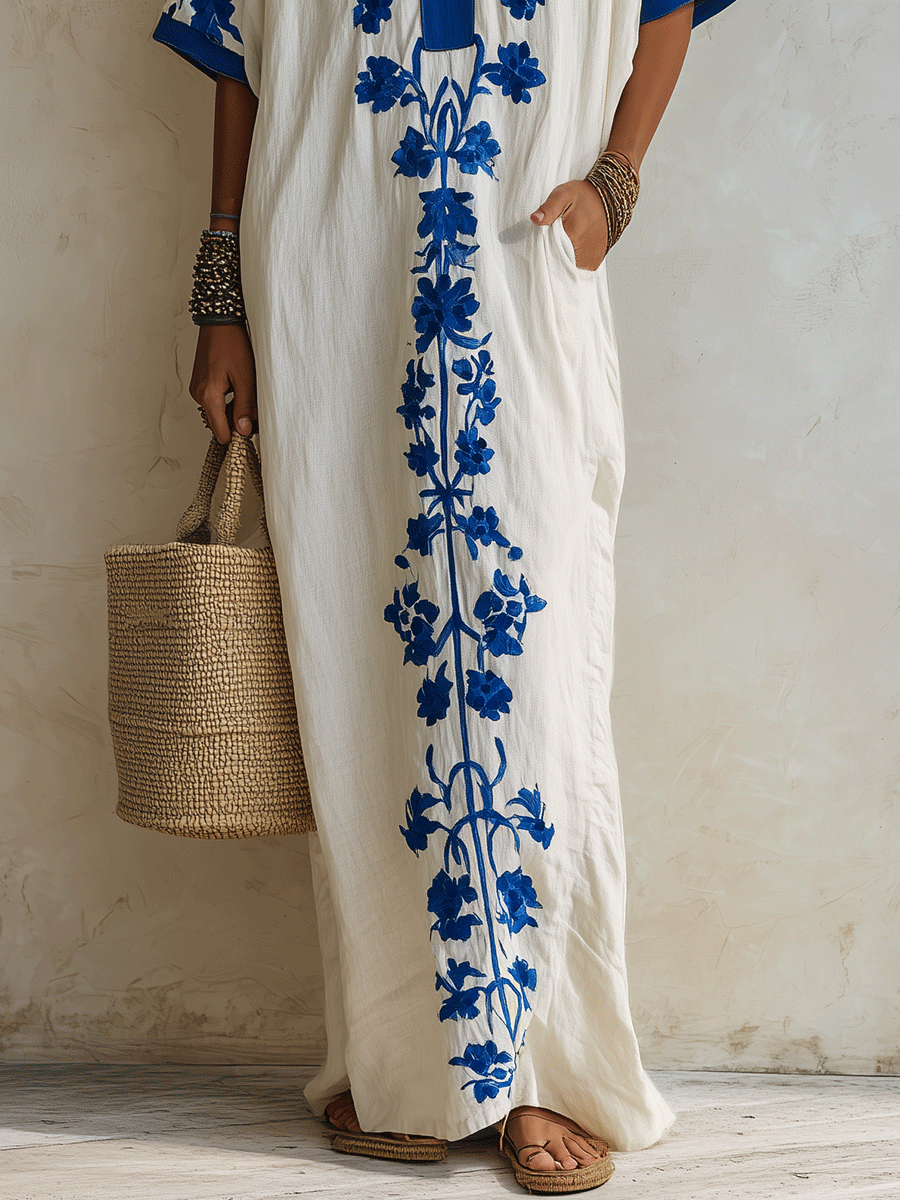 Effortless Boho Cotton Contrast-Trim Loose Off-White Embroidered Kaftan Maxi Dress