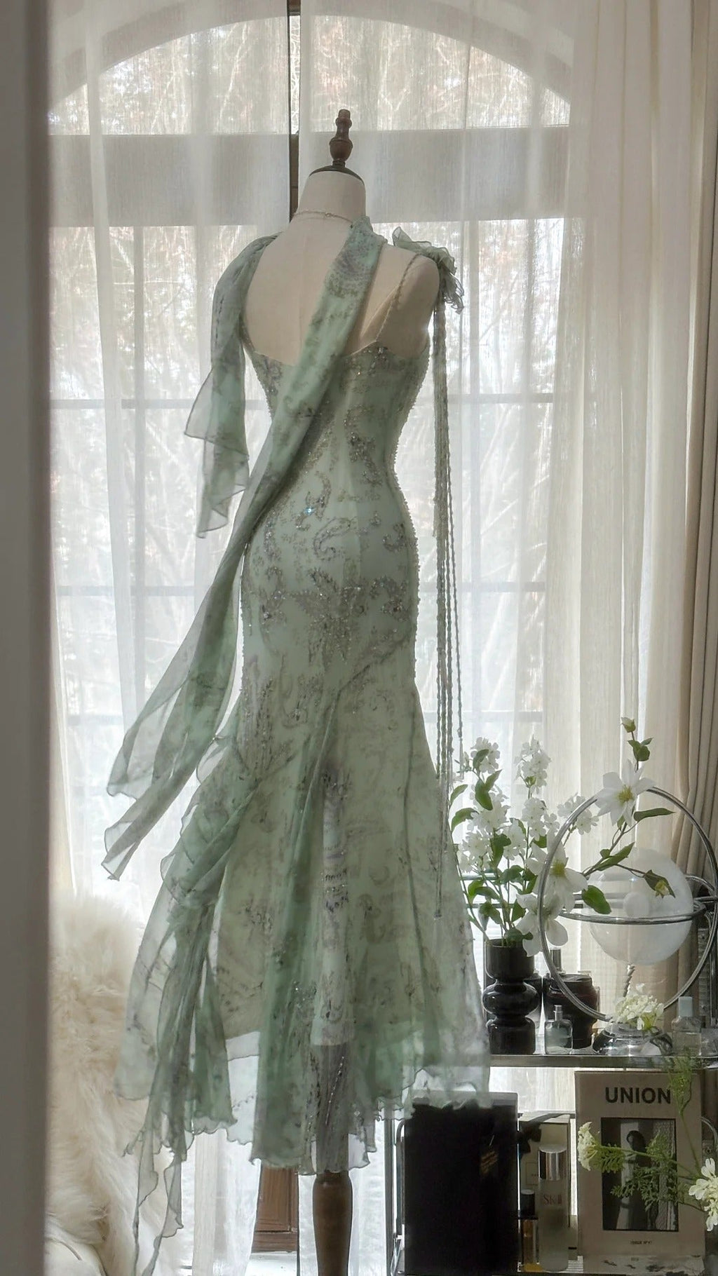 Mint Green Romantic Fashion Elegant Exquisite Beading Spaetti Straps Long Tulle Chiffon Ruffle Ball Gown Evening Dress Party Dress 4058