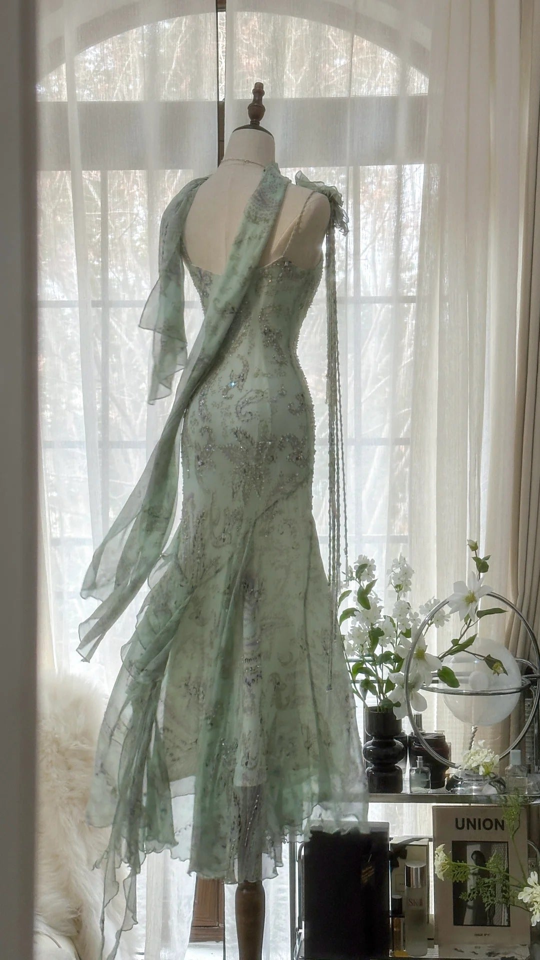 Mint Green Romantic Fashion Elegant Exquisite Beading Spaetti Straps Long Tulle Chiffon Ruffle Ball Gown Evening Dress Party Dress 4058