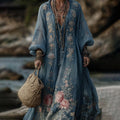 Vintage Floral Embroidered V Neck Comfy Maxi Dress