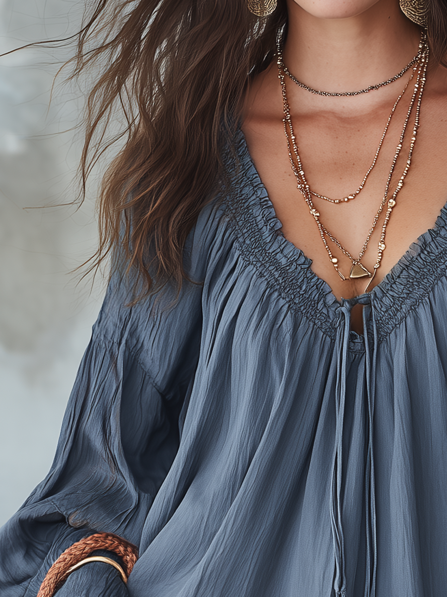 Relaxed Slate Blue Smocked Blouse