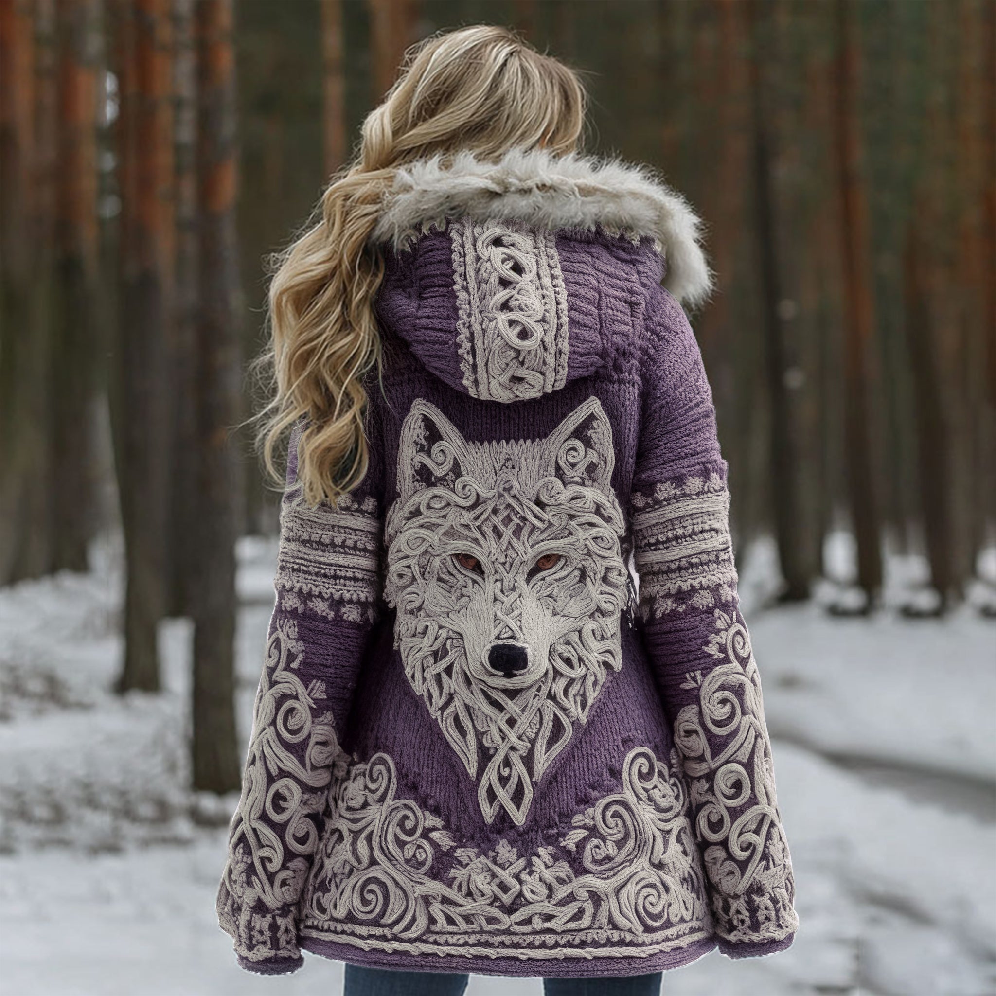 Women Viking Wolf Celtic Knot Art Cozy Fur Collar Hooded Cardigan