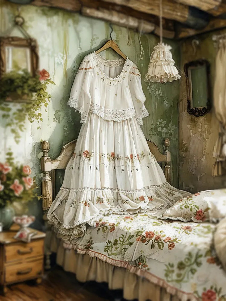 Vintage Floral Lace Patchwork Midi Dress e580