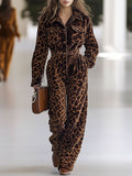 [24-hour shipping out]Casual Loose Retro Corduroy Leopard Print Multi-Pocket Long Sleeve Jumpsuit